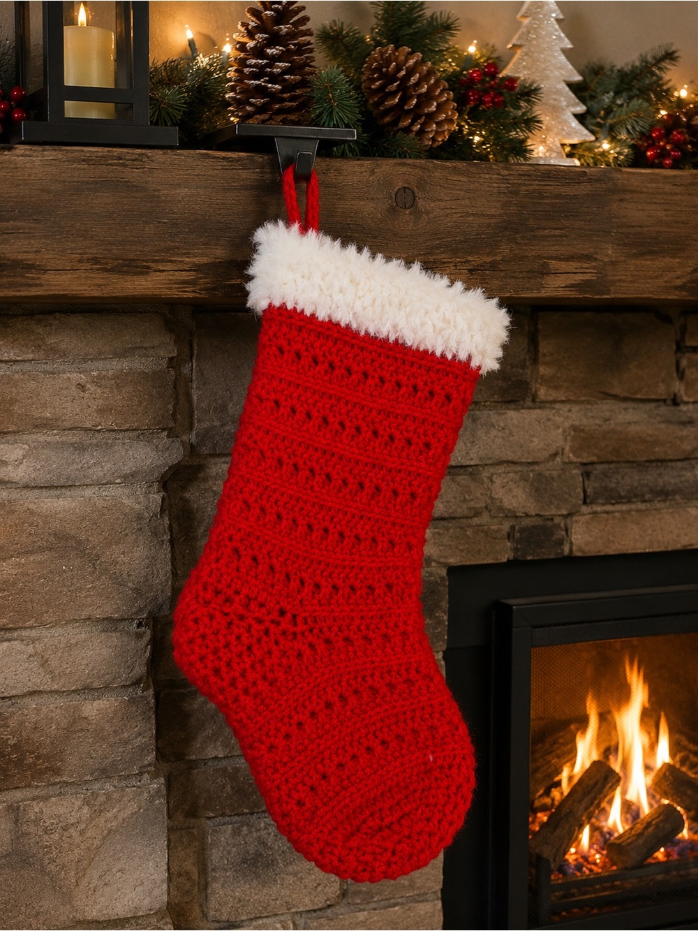 Handmade Red Crochet Christmas Stocking White Faux Fur Cuff Holiday Decor